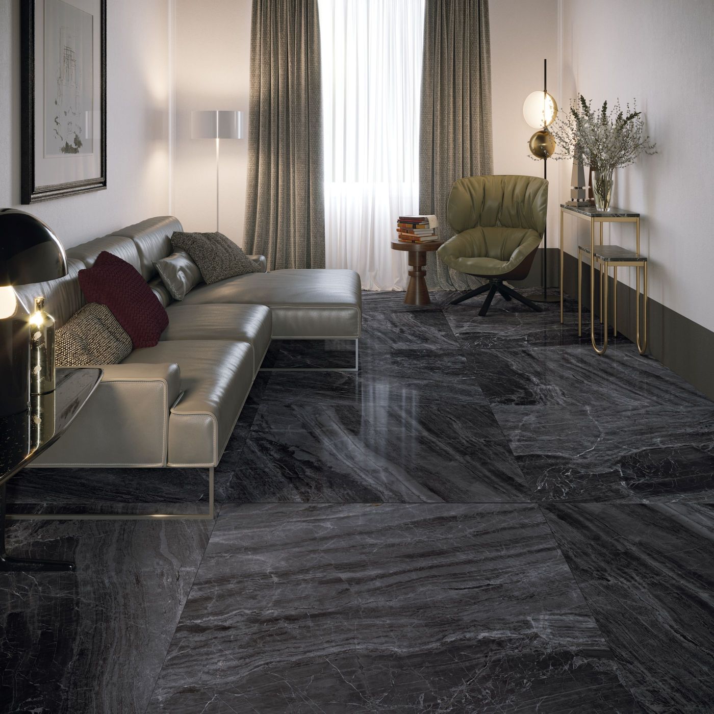 Purity of Marble Breccia Nera installed in a finished interior