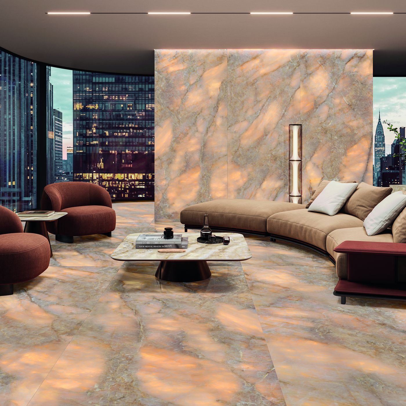Tele di Marmo Lumia Golden Ambra installed in a finished interior