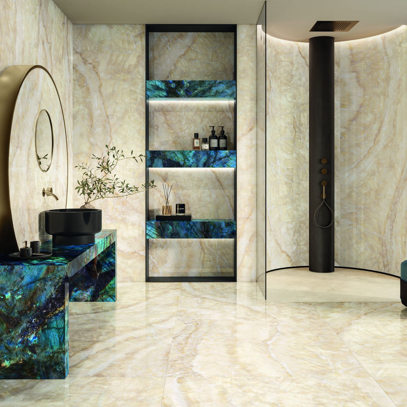 Tele di Marmo Lumia Ivory Gioiello installed in a finished interior