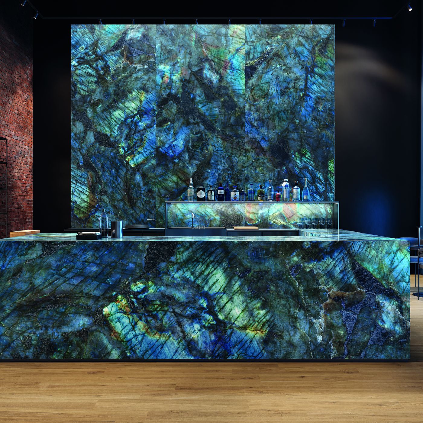 Tele di Marmo Lumia Labradorite installed in a finished interior
