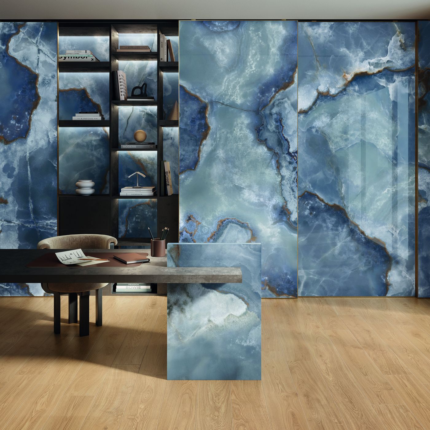 Tele di Marmo Onyx Blue installed in a finished interior
