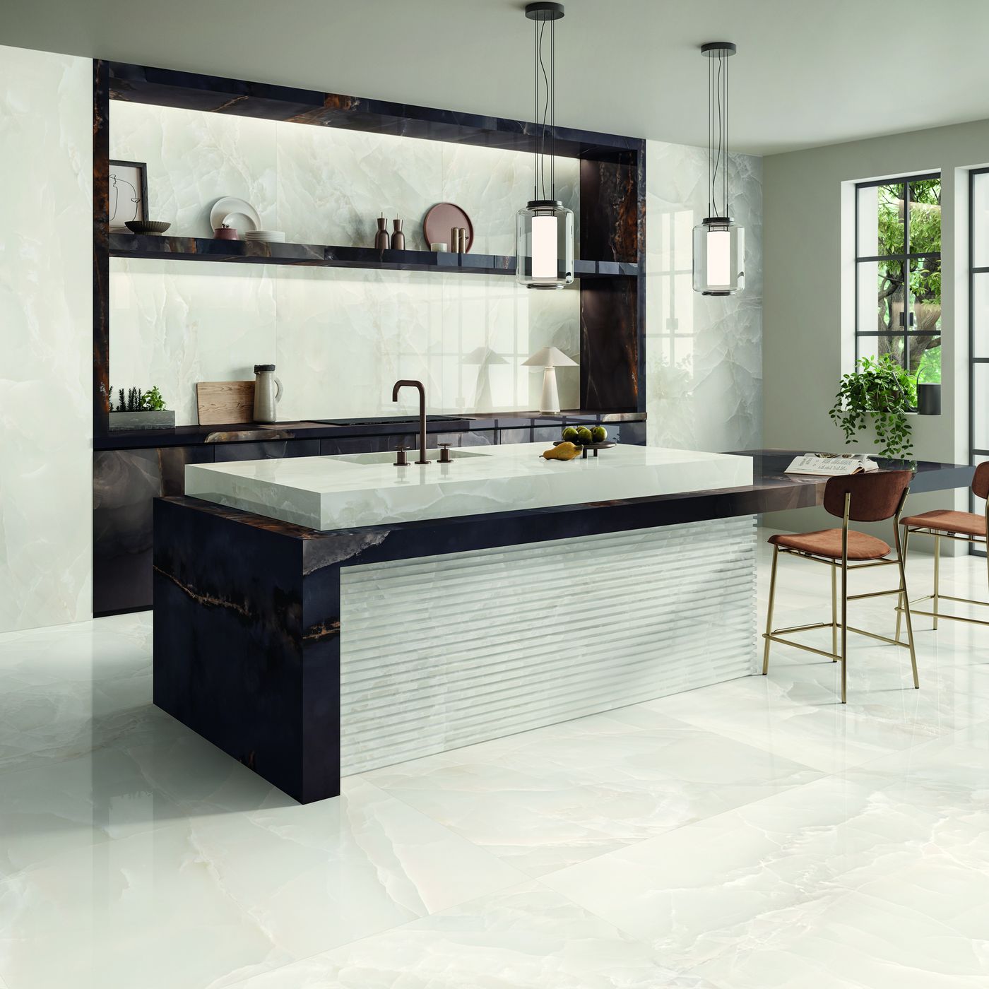 Tele di Marmo Onyx Ivory installed in a finished interior