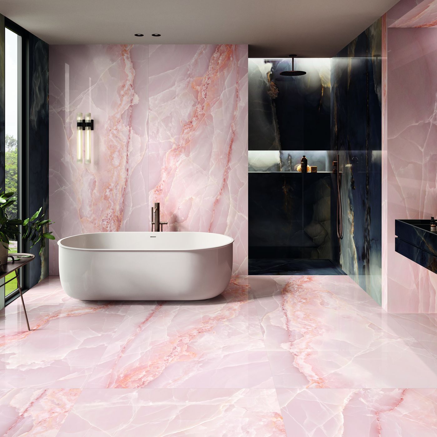 Tele di Marmo Onyx Pink installed in a finished interior