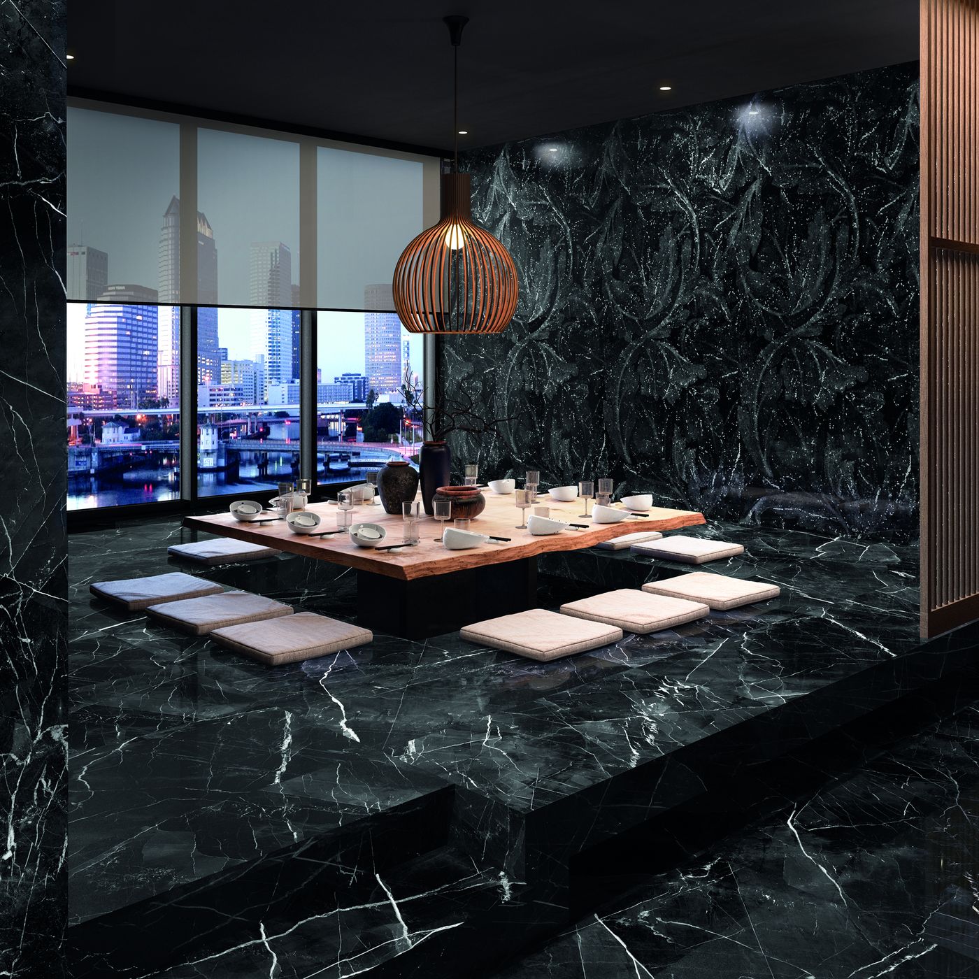 Tele di Marmo Revolution Acanto Calacatta Black installed in a finished interior