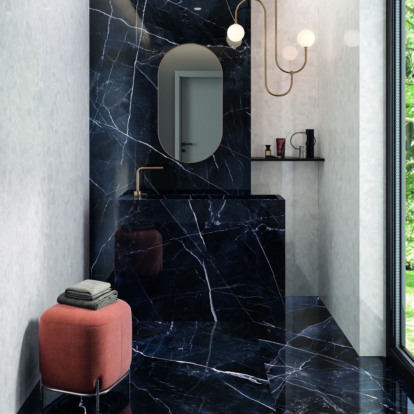 Tele di Marmo Revolution Calacatta Black installed in a finished interior